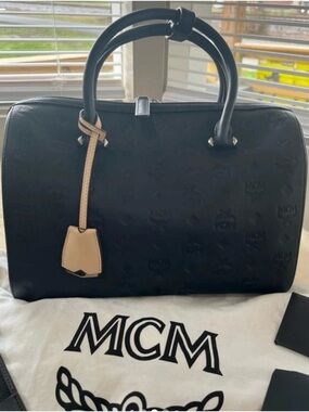 MCM Black Embossed Leather Top-Handle Bag with Tan Tag
